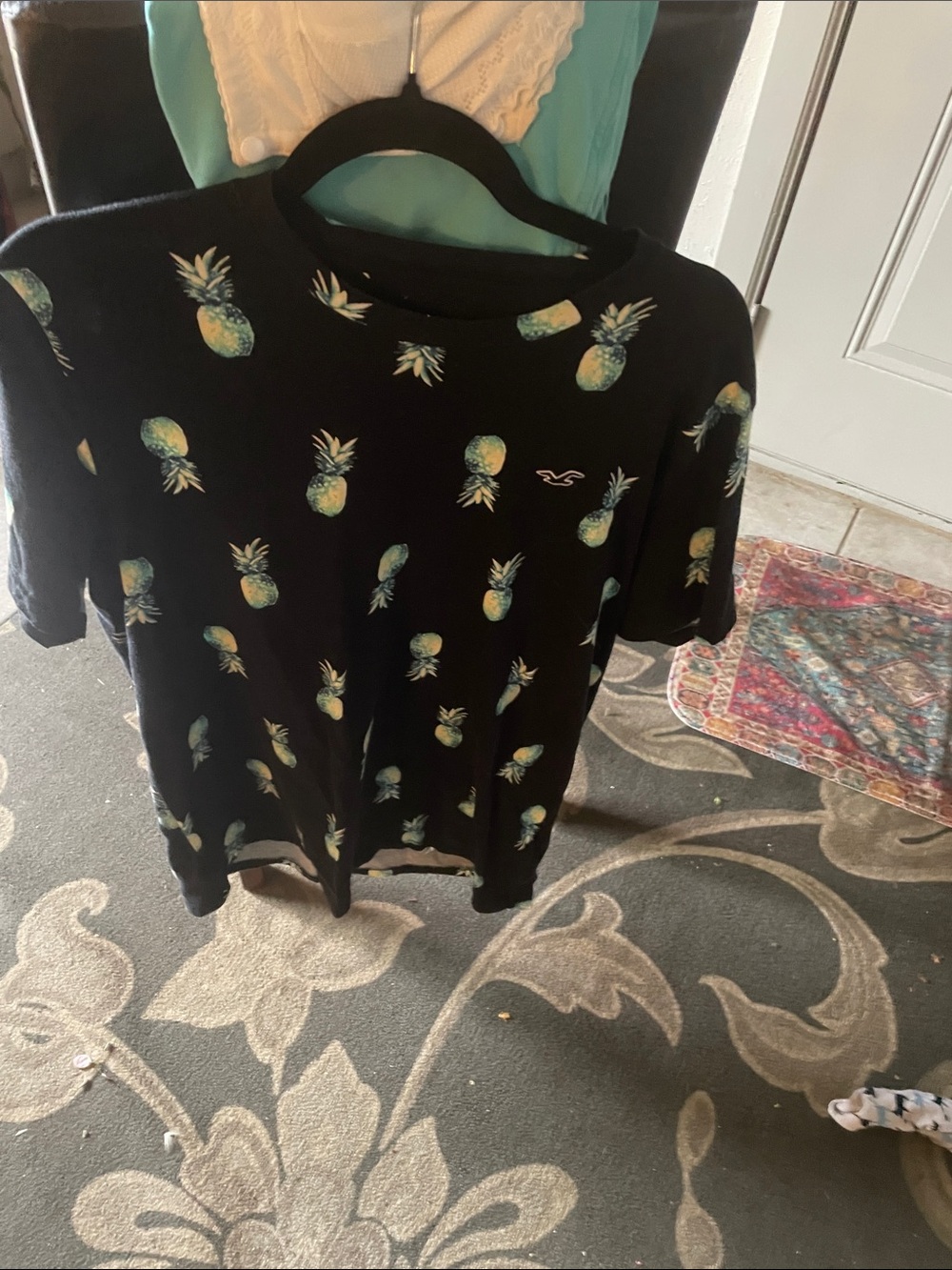 Hollister Black Tee with Turquoise & Yellow Pineapple Print